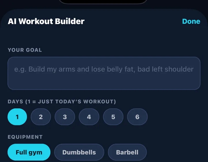 GymAdapt AI Workout Builder: type a goal, choose days and equipment