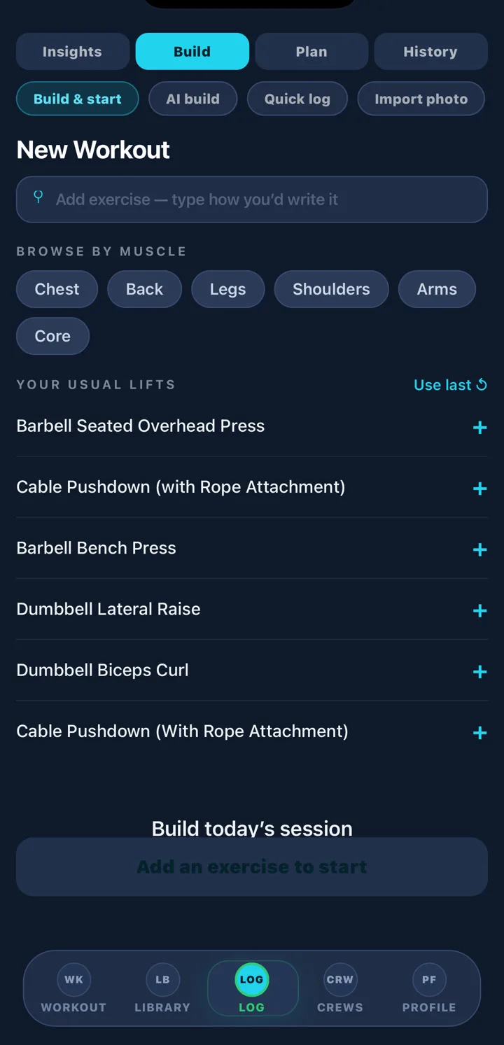 GymAdapt Build screen